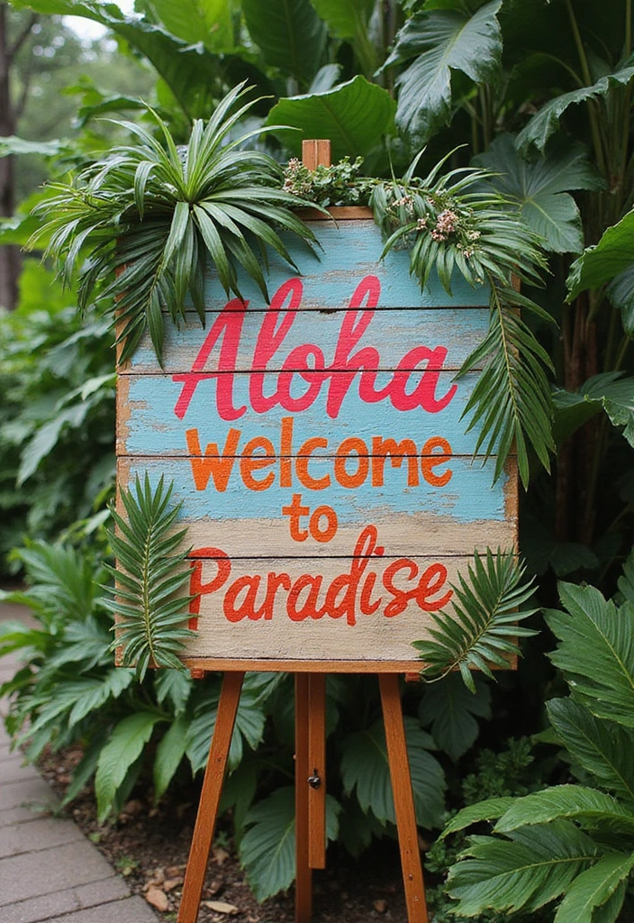 15 Stunning Tropical Decor Ideas for Your Unforgettable Luau Party! - 11. Themed Welcome Sign