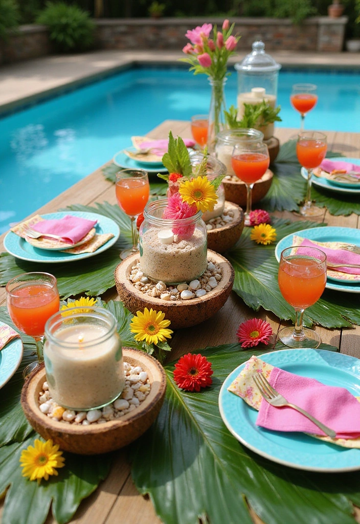 19 Budget-Friendly Pool Party Decorations That Will Impress Everyone! - 2. Tropical-Themed Table Settings