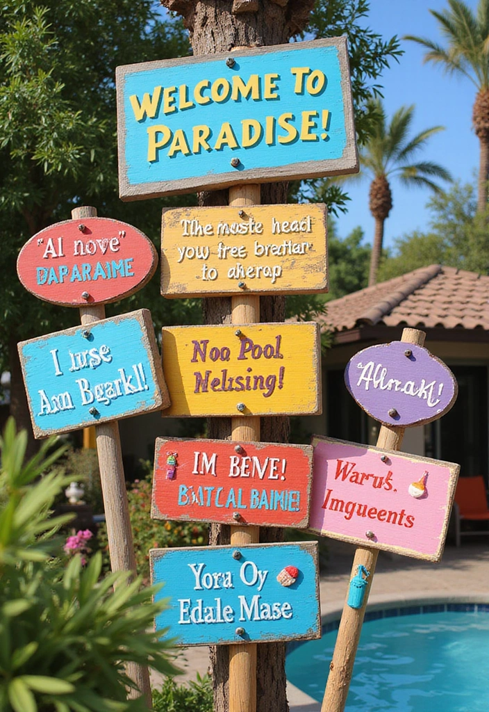 19 Budget-Friendly Pool Party Decorations That Will Impress Everyone! - 9. Fun Poolside Signage