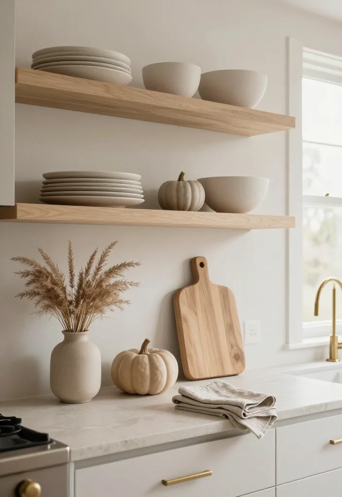13 Modern Thanksgiving Decor Ideas for a Stylish Fall Home (Minimalists Will Love #5!) - 10. Style Open Kitchen Shelves With Breathing Room 1