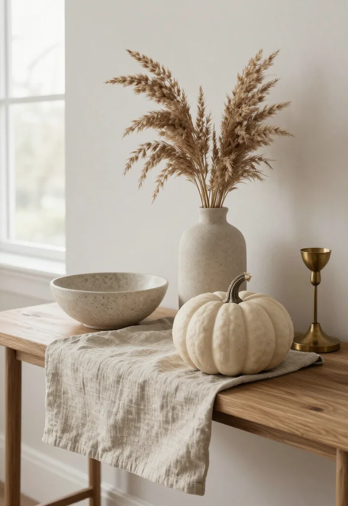 13 Modern Thanksgiving Decor Ideas for a Stylish Fall Home (Minimalists Will Love #5!) - 19. Use a Neutral Textile Under One Seasonal Vignette 1