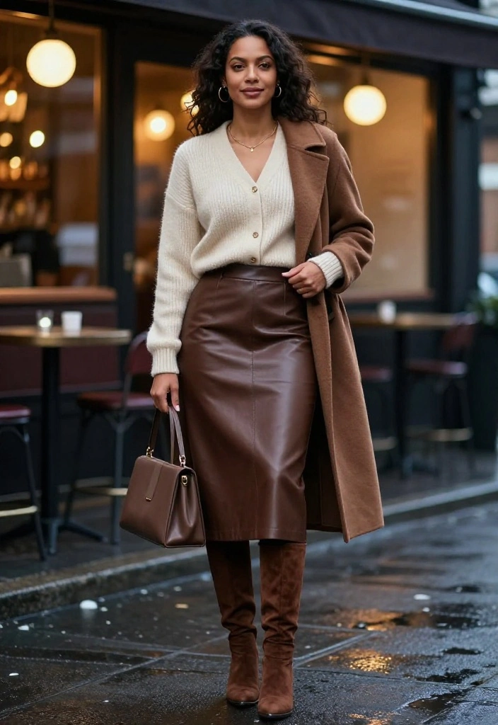 14 Winter Date Night Outfits That Are Warm, Flattering, and Guaranteed to Turn Heads - 9. The Leather Midi Skirt with a Cashmere Cardigan 1