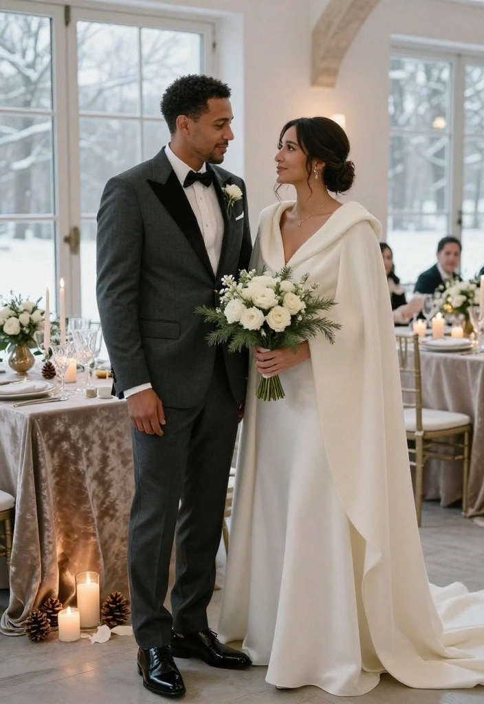 15 Beautiful Winter Wedding Ideas That Look Straight Out of a Luxury Magazine (Without the Designer Price Tag!) - 10. Style Winter-Ready Attire With One Standout Texture 1
