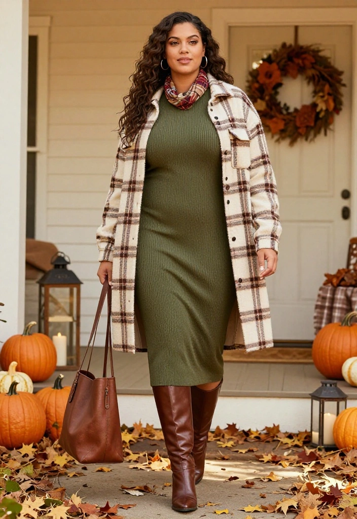 15 Plus-Size Thanksgiving Outfits That Are Flattering, Festive, and So Fabulous - 12. Shacket, Knit Dress, and Tall Boots for a Casual Gathering 1