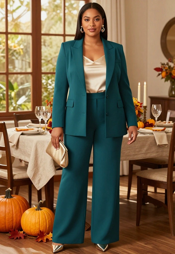 15 Plus-Size Thanksgiving Outfits That Are Flattering, Festive, and So Fabulous - 13. A Softly Tailored Pantsuit in a Thanksgiving Color 1