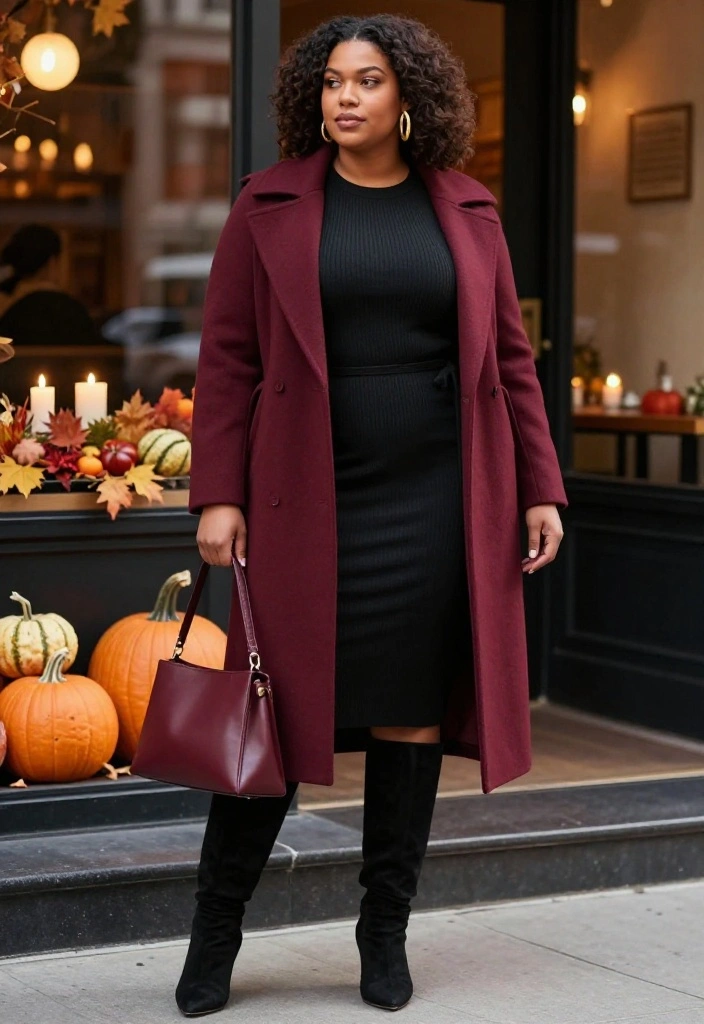 15 Plus-Size Thanksgiving Outfits That Are Flattering, Festive, and So Fabulous - 15. Black Base with a Bold Harvest-Colored Coat 1