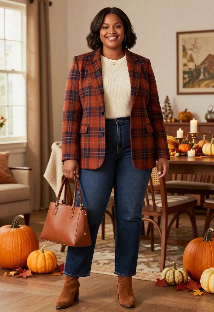 15 Plus-Size Thanksgiving Outfits That Are Flattering, Festive, and So Fabulous - 2. Plaid Blazer, Dark Denim, and a Little Gold 1