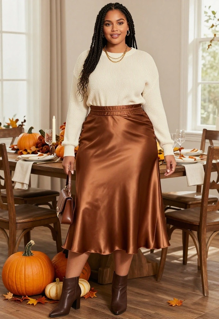 15 Plus-Size Thanksgiving Outfits That Are Flattering, Festive, and So Fabulous - 3. Satin Midi Skirt with a Soft Sweater 1