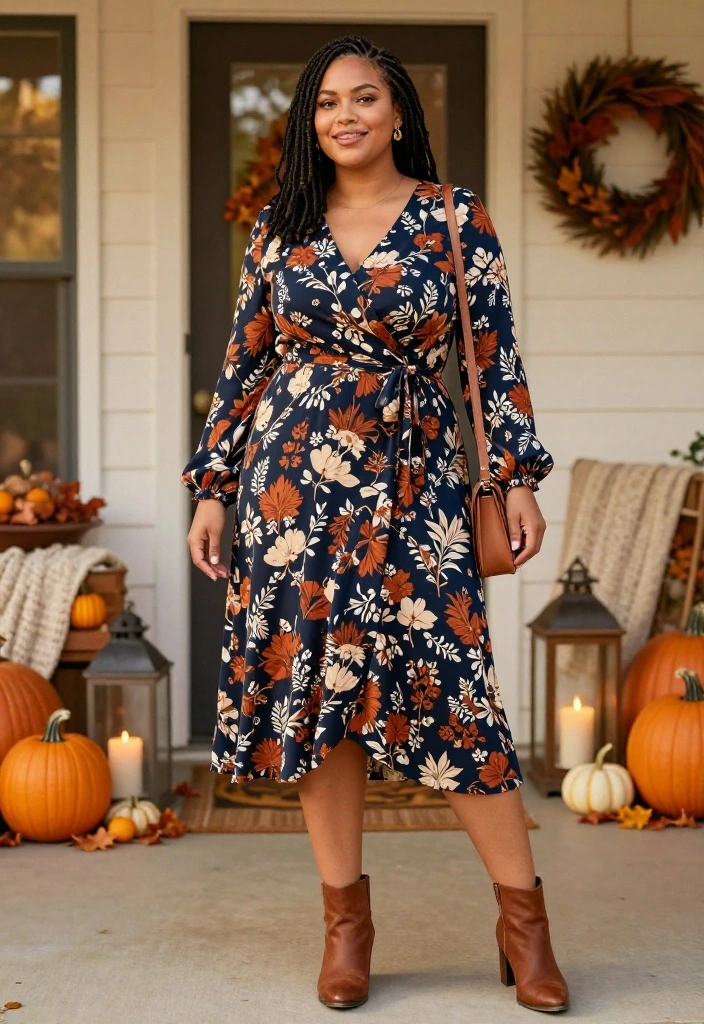 15 Plus-Size Thanksgiving Outfits That Are Flattering, Festive, and So Fabulous - 7. Floral Midi Dress with Ankle Boots 1