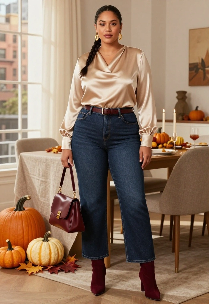 15 Plus-Size Thanksgiving Outfits That Are Flattering, Festive, and So Fabulous - 8. Elevated Denim with a Satin Blouse 1