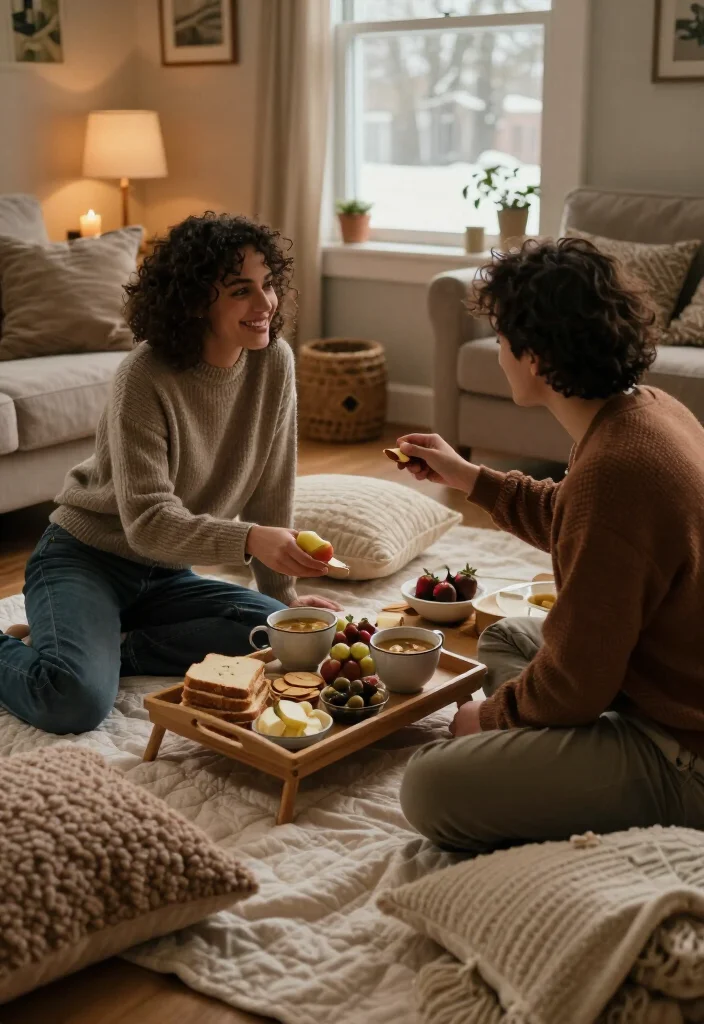 16 At-Home Winter Date Ideas That Are Way More Fun Than Going Out (#7 Is a Must-Try!) - 1. Turn the Living Room Into an Indoor Winter Picnic 1