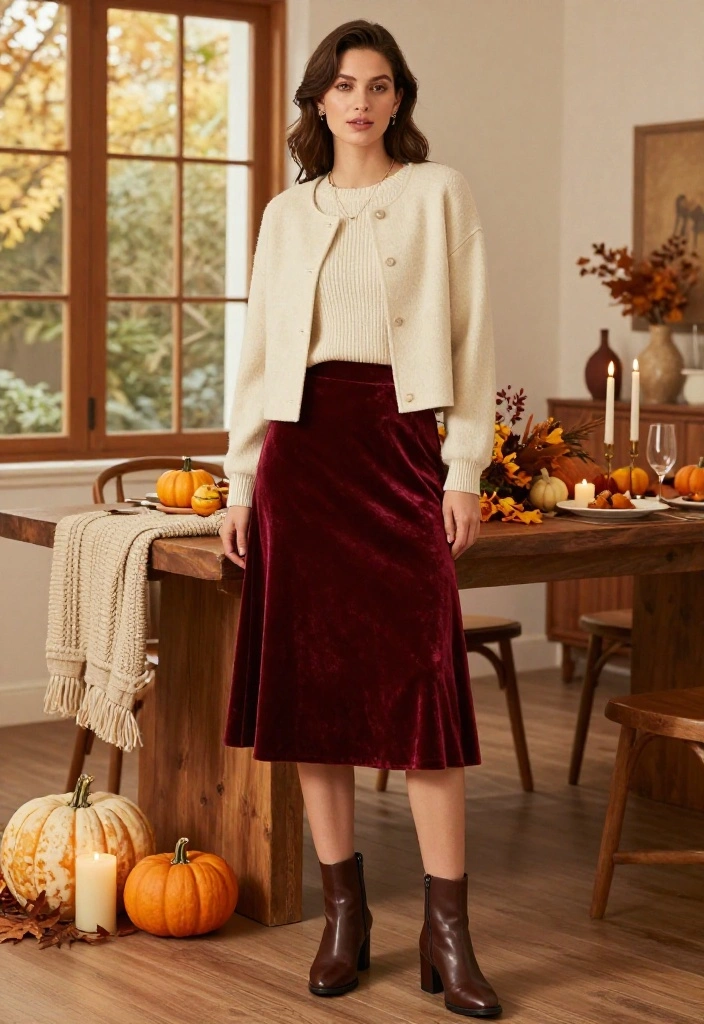 16 Cozy Thanksgiving Outfits for Looking Cute While Eating Your Way Through Dinner - 1. Velvet Midi Skirt with a Soft Ribbed Sweater 1