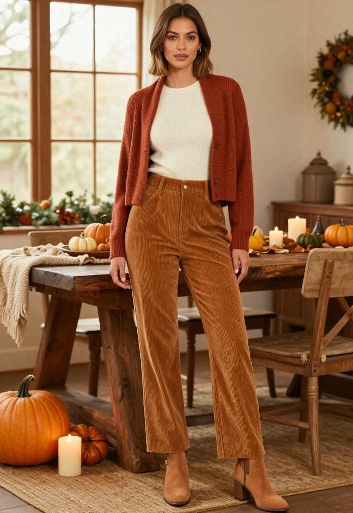 16 Cozy Thanksgiving Outfits for Looking Cute While Eating Your Way Through Dinner - 10. Petite-Friendly Cropped Layers with Corduroy Pants 1