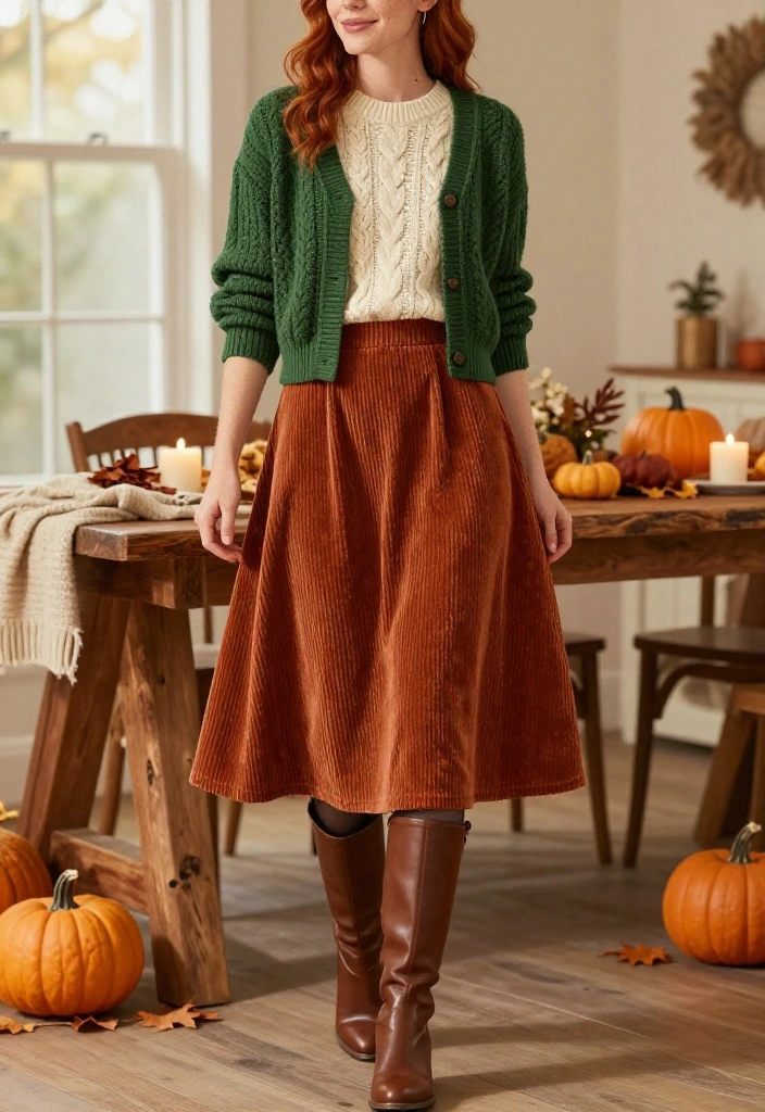 16 Cozy Thanksgiving Outfits for Looking Cute While Eating Your Way Through Dinner - 13. Corduroy Skirt with Tights and a Cable-Knit Sweater 1