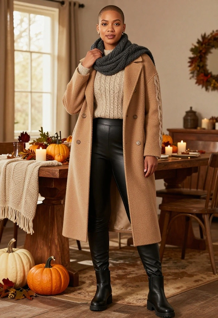 16 Cozy Thanksgiving Outfits for Looking Cute While Eating Your Way Through Dinner - 14. Faux-Leather Leggings with an Oversized Tunic Sweater 1