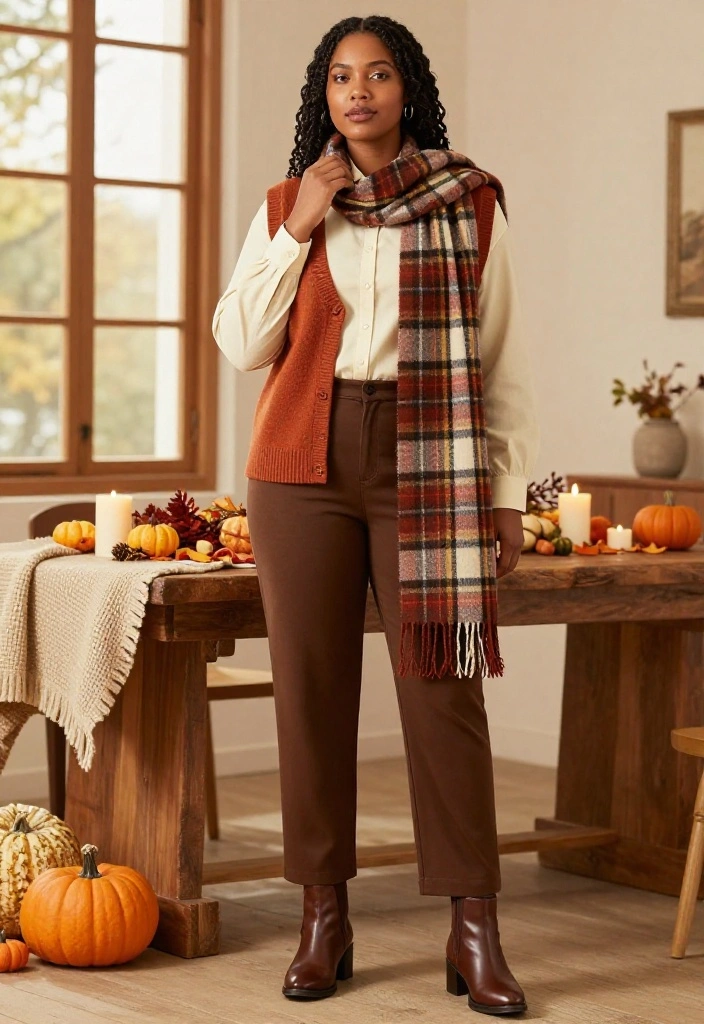 16 Cozy Thanksgiving Outfits for Looking Cute While Eating Your Way Through Dinner - 15. Scarf-Forward Layering with a Sweater Vest 1