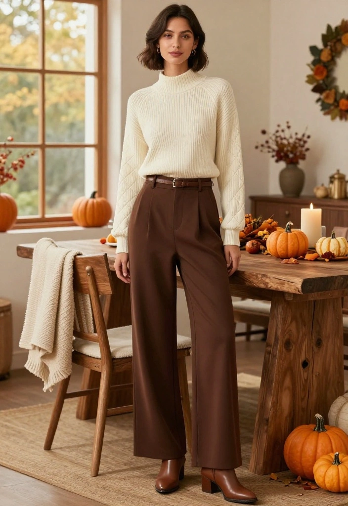 16 Cozy Thanksgiving Outfits for Looking Cute While Eating Your Way Through Dinner - 3. Wide-Leg Trousers with a Fitted Mock-Neck Sweater 1