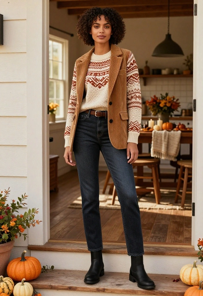 16 Cozy Thanksgiving Outfits for Looking Cute While Eating Your Way Through Dinner - 5. Fair Isle Sweater with Straight-Leg Jeans and a Blazer 1