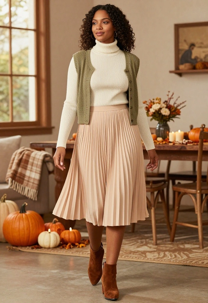 16 Cozy Thanksgiving Outfits for Looking Cute While Eating Your Way Through Dinner - 9. Soft Turtleneck with a Pleated Midi Skirt 1
