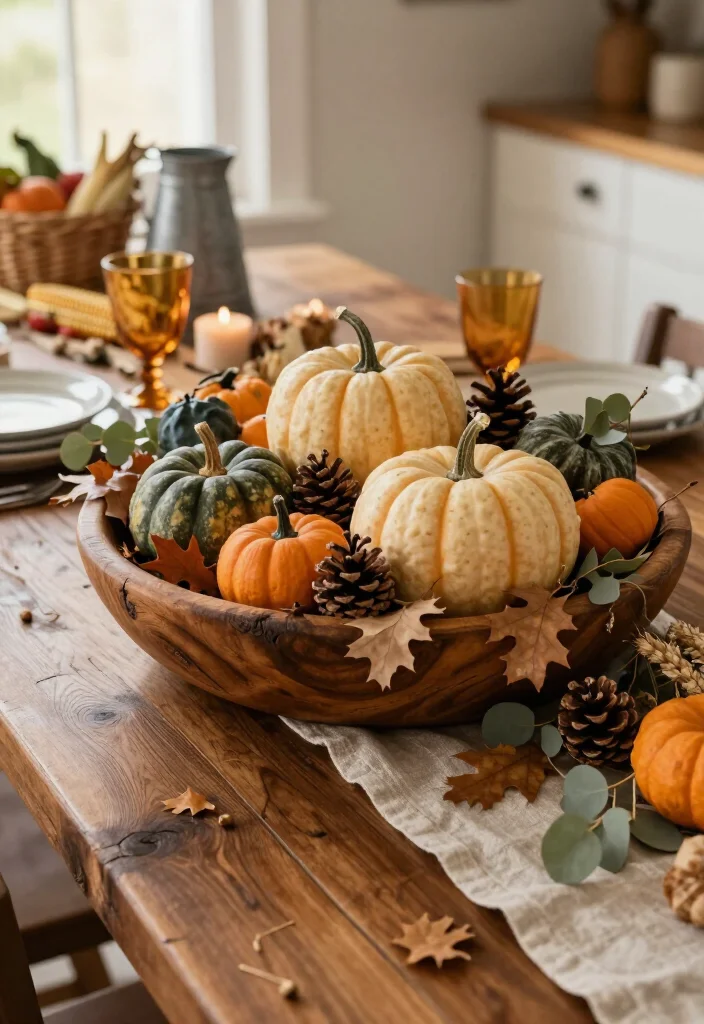 16 Rustic Thanksgiving Decor Ideas for the Coziest Fall Home Ever (Farmhouse Lovers Will Adore #9!) - 1. Fill a Dough Bowl with Pumpkins and Gourds 1