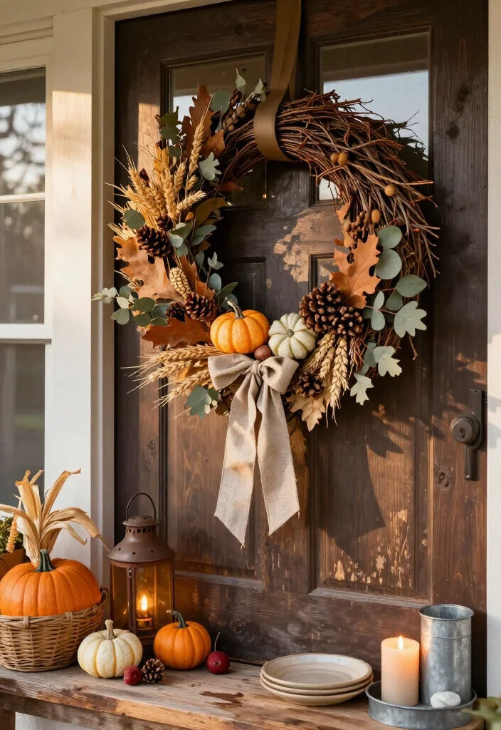 16 Rustic Thanksgiving Decor Ideas for the Coziest Fall Home Ever (Farmhouse Lovers Will Adore #9!) - 10. Make a Natural Autumn Wreath for the Door 1