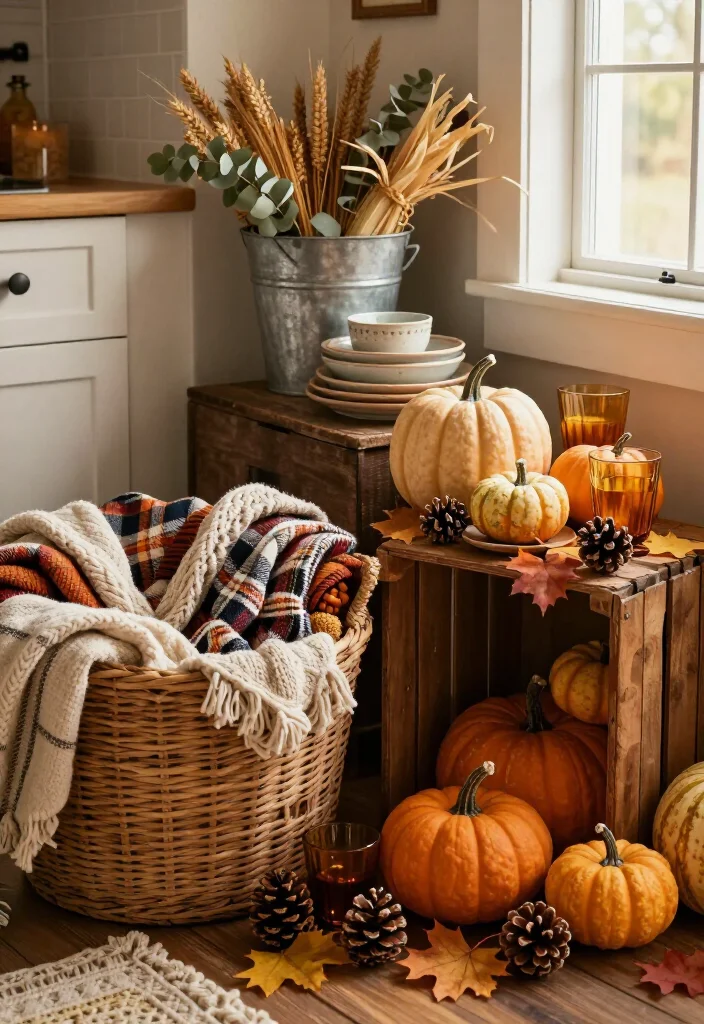 16 Rustic Thanksgiving Decor Ideas for the Coziest Fall Home Ever (Farmhouse Lovers Will Adore #9!) - 11. Create a Blanket Basket by the Fireplace 1