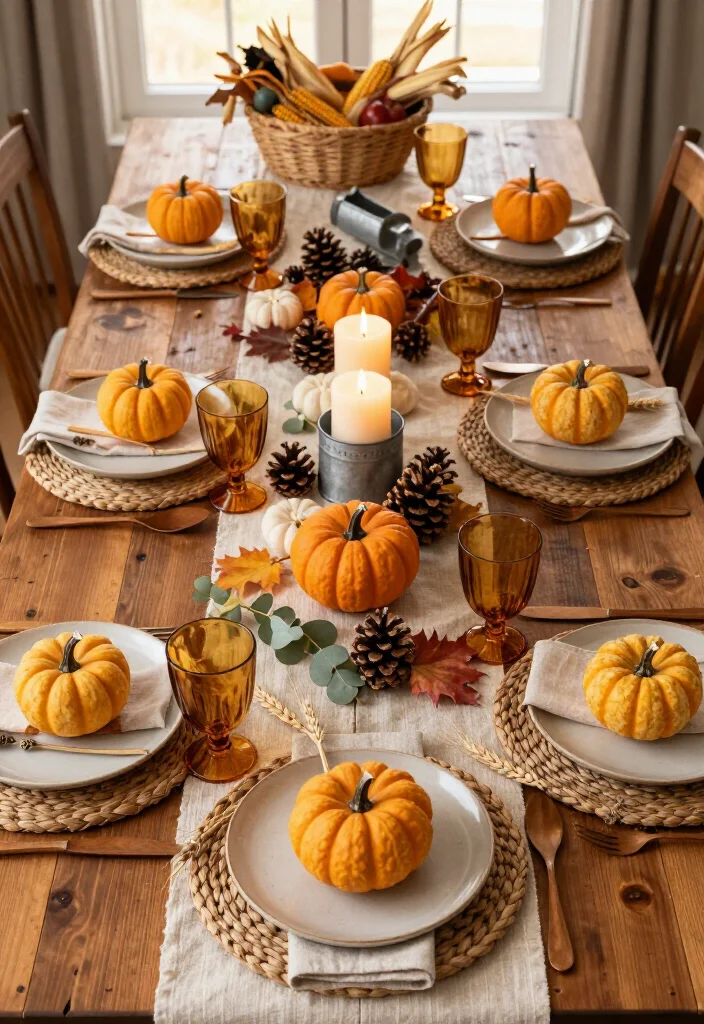 16 Rustic Thanksgiving Decor Ideas for the Coziest Fall Home Ever (Farmhouse Lovers Will Adore #9!) - 12. Use Mini Pumpkins as Simple Place Settings 1