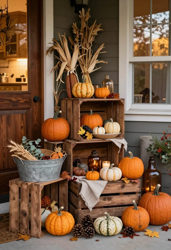 16 Rustic Thanksgiving Decor Ideas for the Coziest Fall Home Ever (Farmhouse Lovers Will Adore #9!) - 13. Build a Porch Display with Crates and Corn Stalks 1