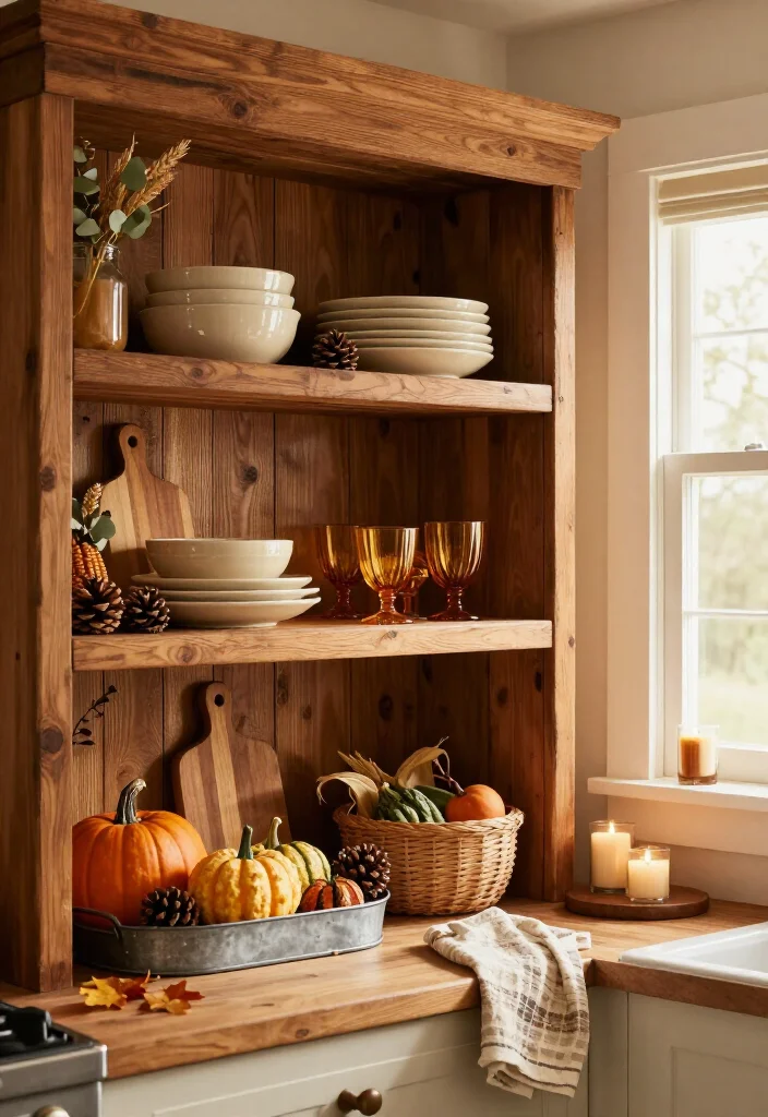 16 Rustic Thanksgiving Decor Ideas for the Coziest Fall Home Ever (Farmhouse Lovers Will Adore #9!) - 15. Warm Open Kitchen Shelves with Harvest Pieces 1