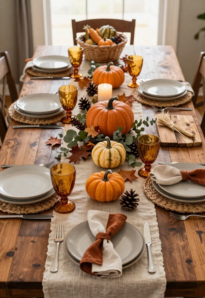 16 Rustic Thanksgiving Decor Ideas for the Coziest Fall Home Ever (Farmhouse Lovers Will Adore #9!) - 2. Layer a Soft Linen Thanksgiving Table Runner 1