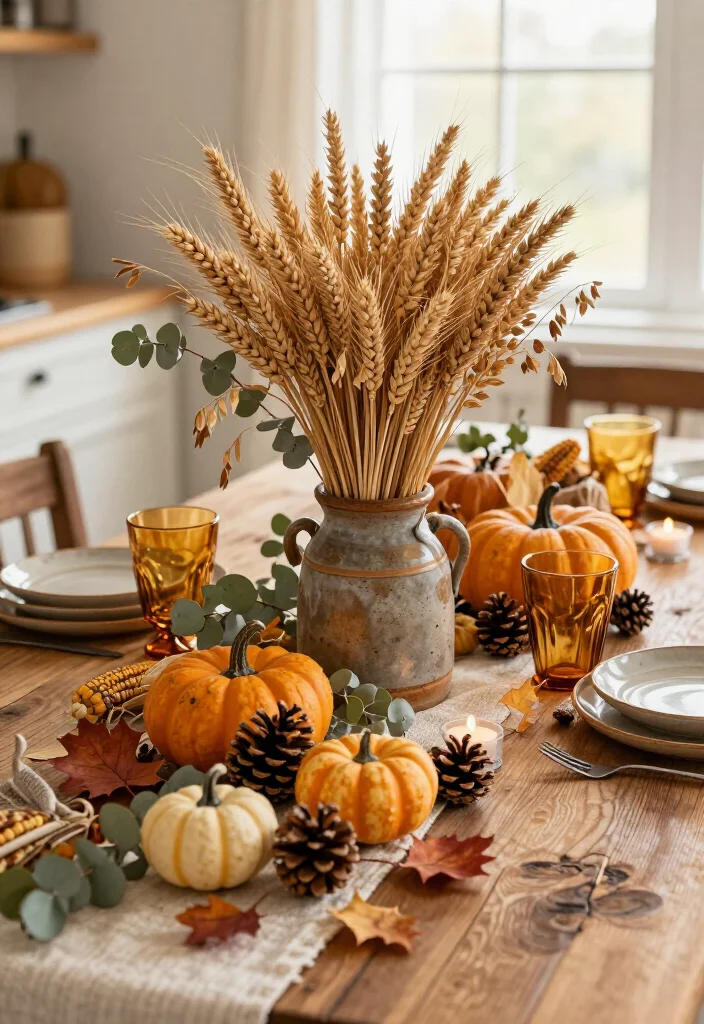 16 Rustic Thanksgiving Decor Ideas for the Coziest Fall Home Ever (Farmhouse Lovers Will Adore #9!) - 3. Make a Simple Wheat Bundle Centerpiece 1