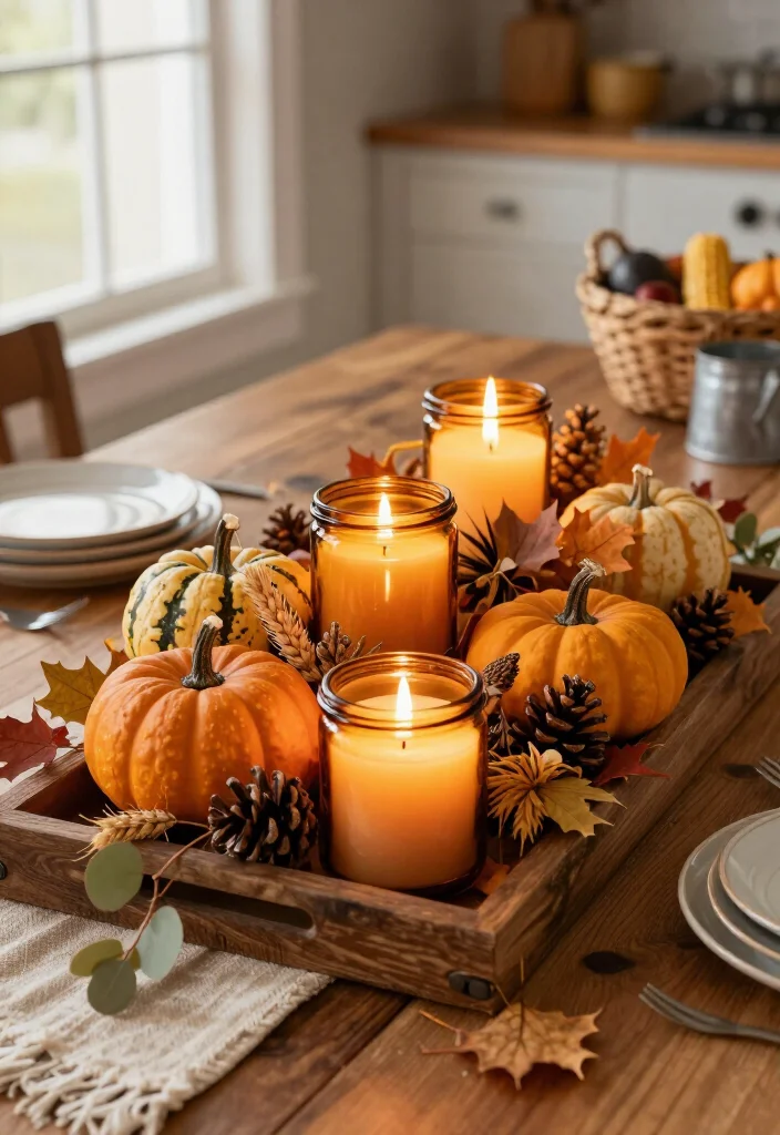 16 Rustic Thanksgiving Decor Ideas for the Coziest Fall Home Ever (Farmhouse Lovers Will Adore #9!) - 4. Group Candles in Amber Glass Jars 1