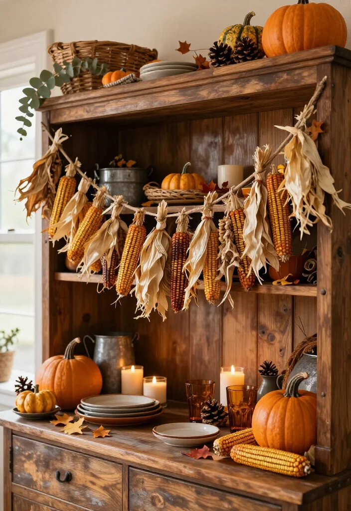 16 Rustic Thanksgiving Decor Ideas for the Coziest Fall Home Ever (Farmhouse Lovers Will Adore #9!) - 6. Hang a Dried Corn Husk Garland 1