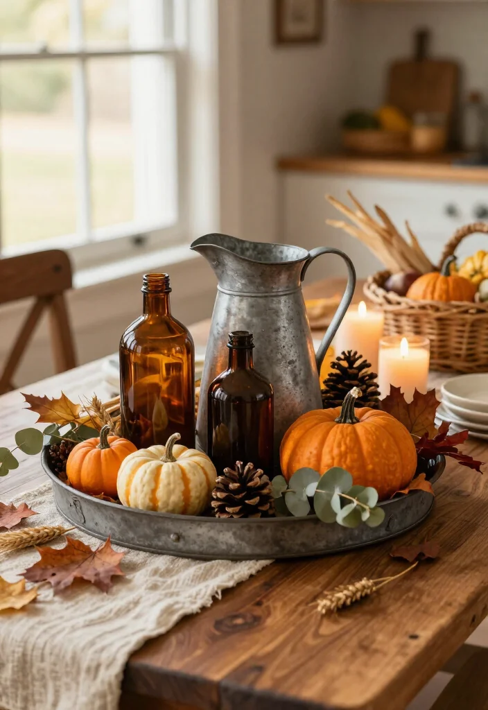 16 Rustic Thanksgiving Decor Ideas for the Coziest Fall Home Ever (Farmhouse Lovers Will Adore #9!) - 7. Mix Galvanized Metal with Amber Glass 1