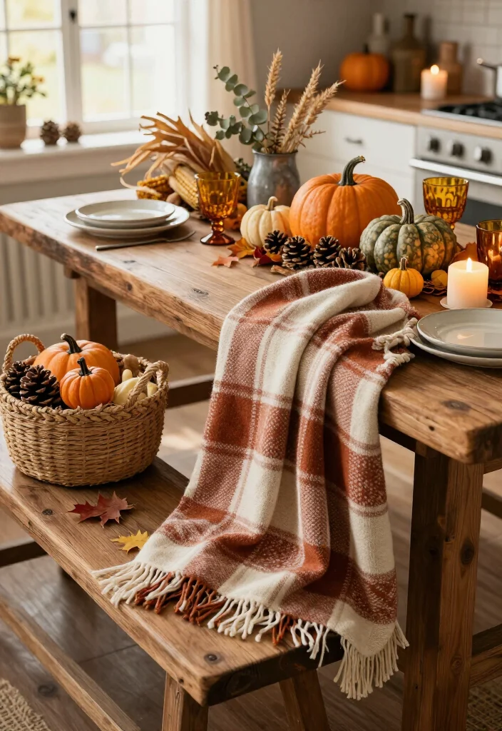 16 Rustic Thanksgiving Decor Ideas for the Coziest Fall Home Ever (Farmhouse Lovers Will Adore #9!) - 8. Add Plaid Throws and Chunky Woven Textures 1