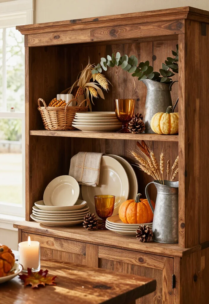 16 Rustic Thanksgiving Decor Ideas for the Coziest Fall Home Ever (Farmhouse Lovers Will Adore #9!) - 9. Turn a Farmhouse Hutch into a Harvest Display 1