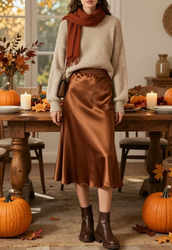 17 Casual Thanksgiving Outfits That Prove Comfy Can Still Look Incredibly Stylish - 12. Satin Midi Skirt with a Cozy Knit 1