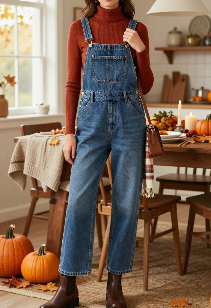 17 Casual Thanksgiving Outfits That Prove Comfy Can Still Look Incredibly Stylish - 13. Denim Overalls with a Fine-Knit Turtleneck 1