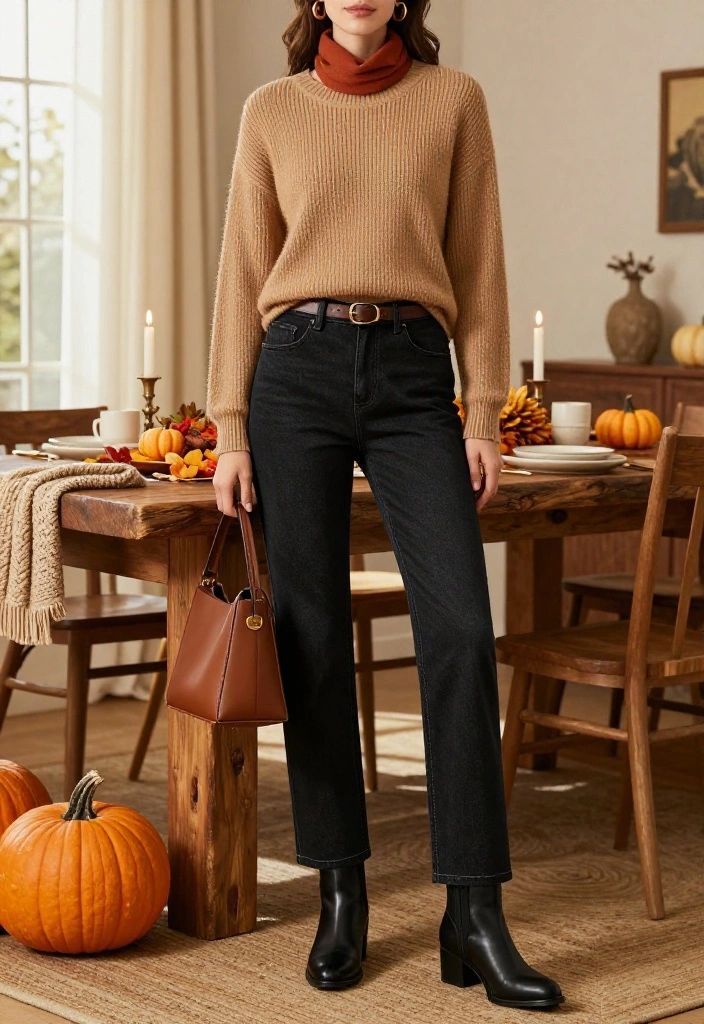 17 Casual Thanksgiving Outfits That Prove Comfy Can Still Look Incredibly Stylish - 5. Black Jeans with a Camel Sweater 1