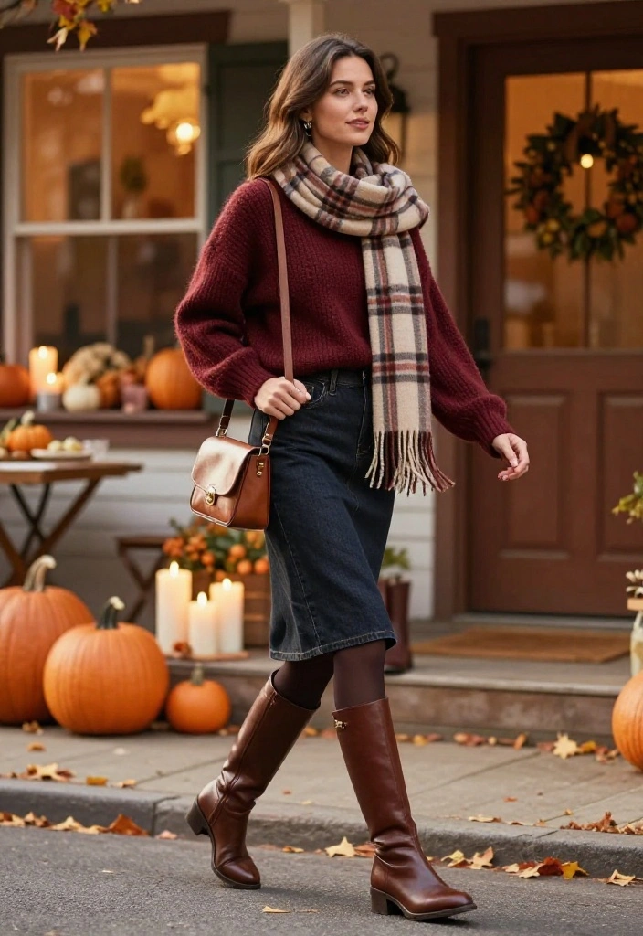 17 Casual Thanksgiving Outfits That Prove Comfy Can Still Look Incredibly Stylish - 6. Denim Skirt, Tights, and Tall Boots 1