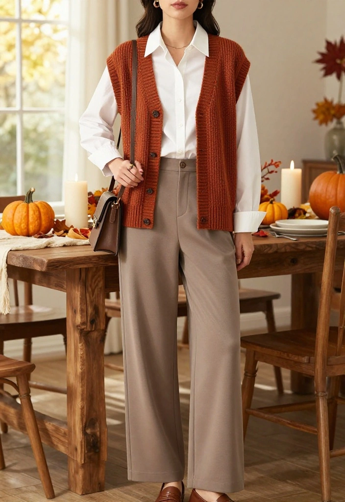 17 Casual Thanksgiving Outfits That Prove Comfy Can Still Look Incredibly Stylish - 7. Relaxed Trousers with a Sweater Vest 1