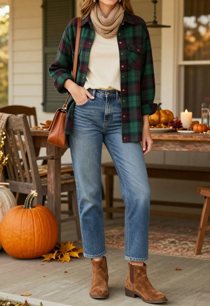 17 Casual Thanksgiving Outfits That Prove Comfy Can Still Look Incredibly Stylish - 9. Flannel Shirt, Plain Tee, and Relaxed Jeans 1