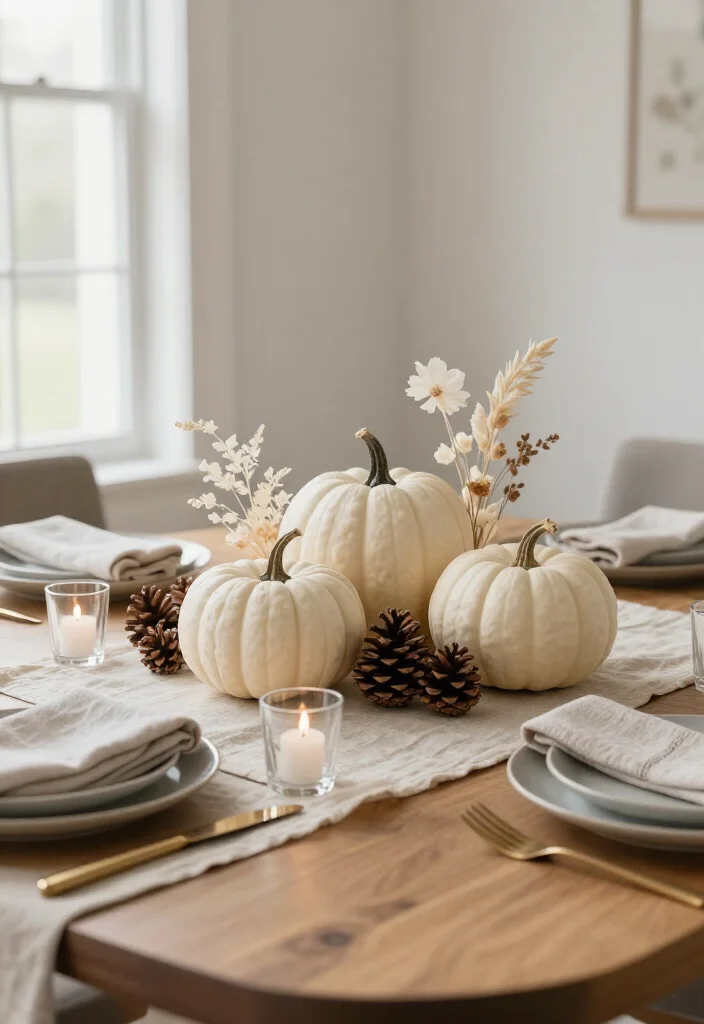 17 Thanksgiving Centerpiece Ideas That'll Steal the Show at Dinner (No Fancy Skills Required!) - 11. An All-White Pumpkin Display 1