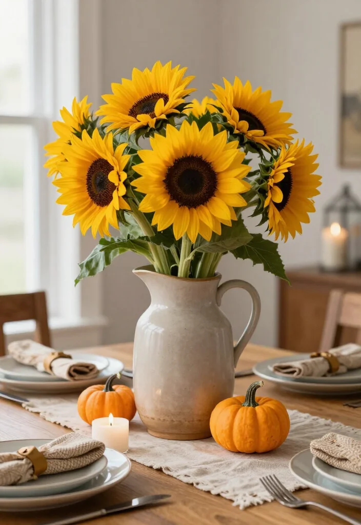 17 Thanksgiving Centerpiece Ideas That'll Steal the Show at Dinner (No Fancy Skills Required!) - 13. One Sunny Sunflower Bunch 1