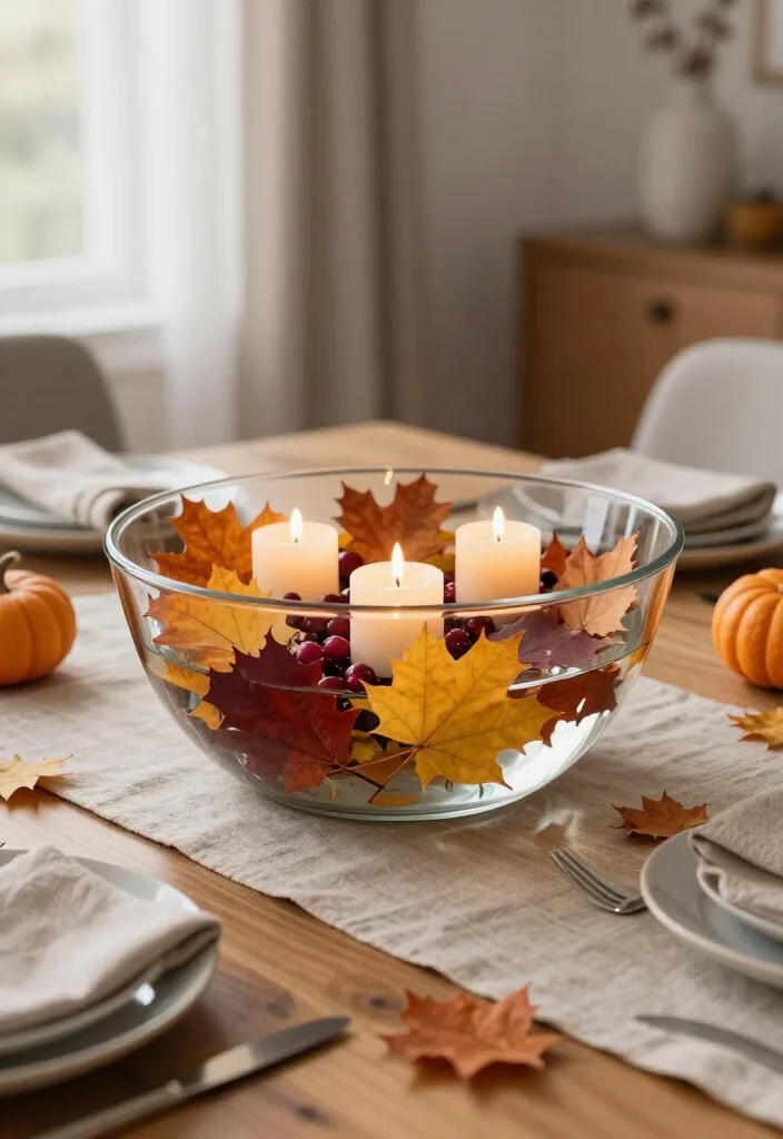 17 Thanksgiving Centerpiece Ideas That'll Steal the Show at Dinner (No Fancy Skills Required!) - 14. A Floating Leaf and Candle Bowl 1
