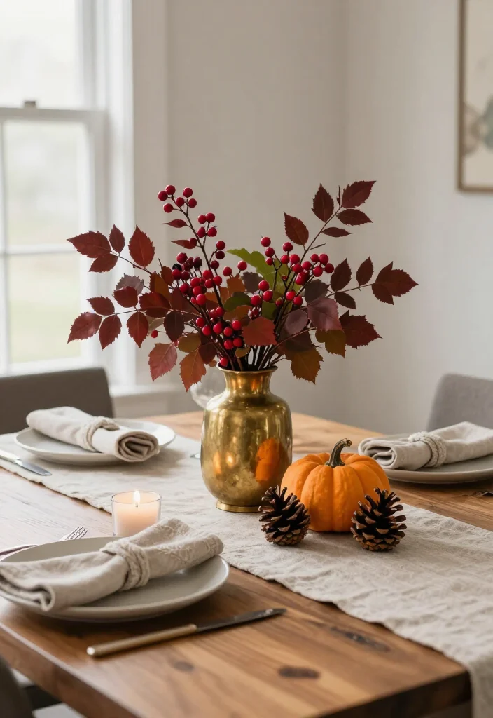 17 Thanksgiving Centerpiece Ideas That'll Steal the Show at Dinner (No Fancy Skills Required!) - 17. A Thrifted Brass Vase with Fall Foliage 1
