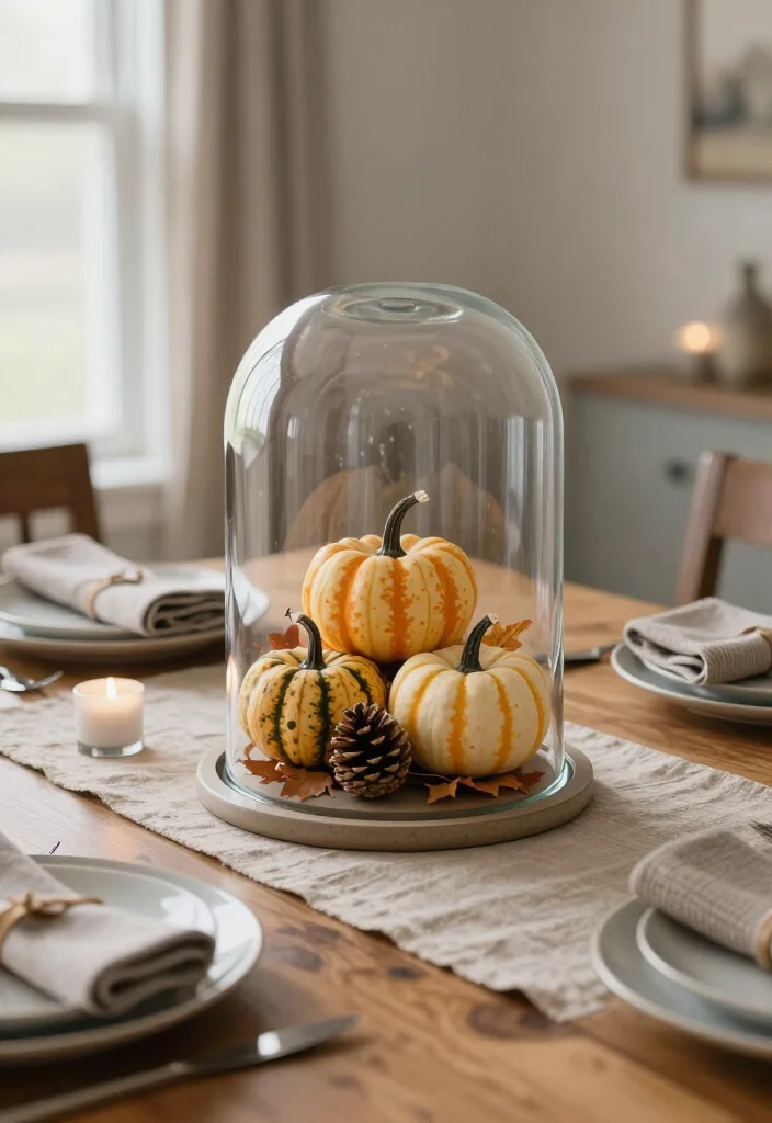 17 Thanksgiving Centerpiece Ideas That'll Steal the Show at Dinner (No Fancy Skills Required!) - 7. Mini Gourds Under a Glass Cloche 1