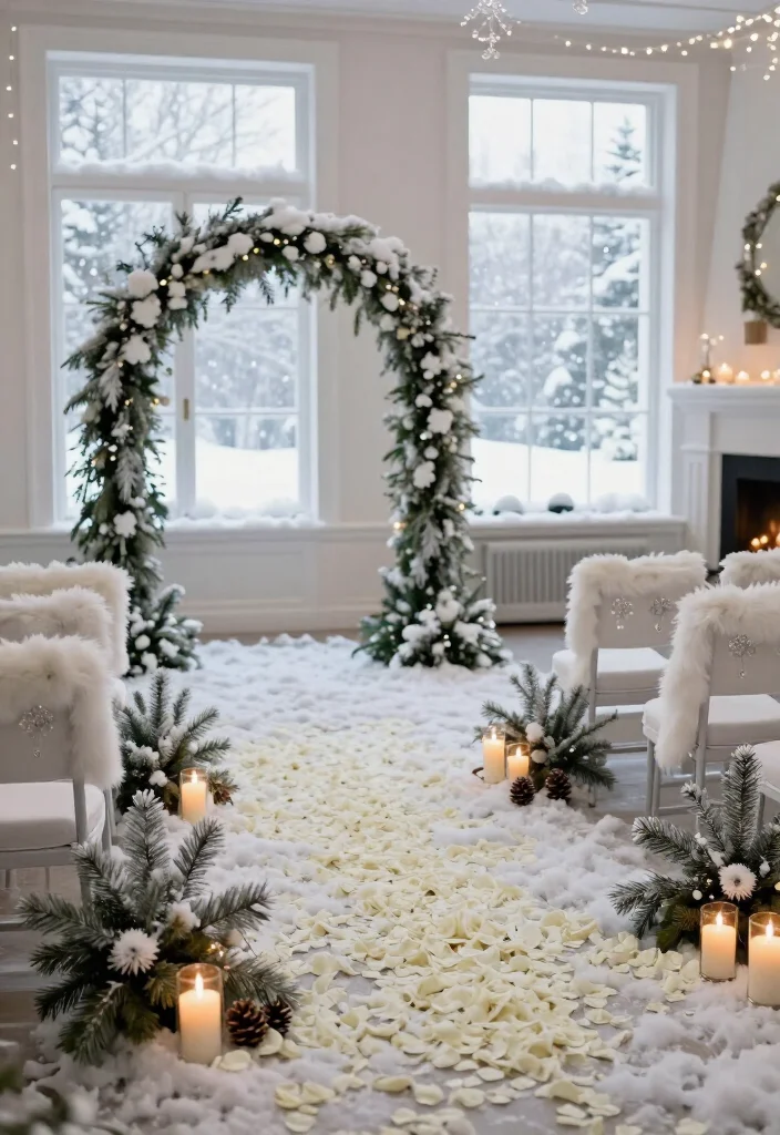 18 Cozy Winter Wedding Ideas That'll Turn Your Venue into a Snowy Wonderland (Guests Won't Want to Leave!) - 13. Line the Aisle With White Petals and Evergreen 1