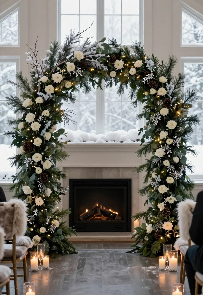 18 Cozy Winter Wedding Ideas That'll Turn Your Venue into a Snowy Wonderland (Guests Won't Want to Leave!) - 2. Build a Frosted Evergreen Ceremony Arch 1