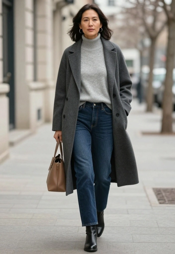 18 Minimalist Winter Outfits That Prove Simple Layers Can Look Seriously Chic - 16. Dark Denim with a Soft Gray Sweater 1